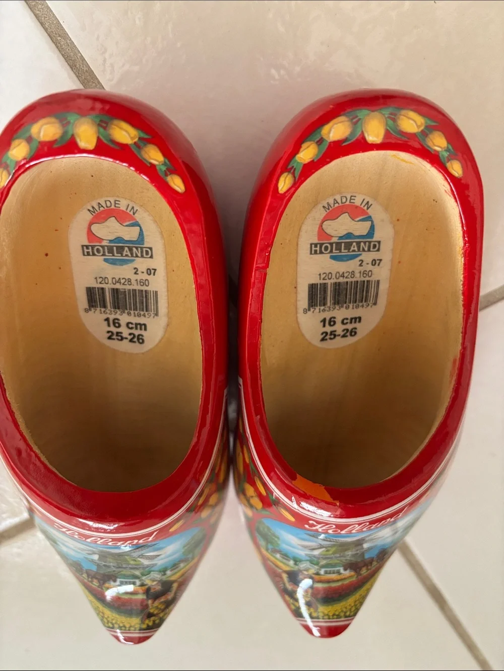 Kids Red Holland Wooden Clogs with Windmill Artwork